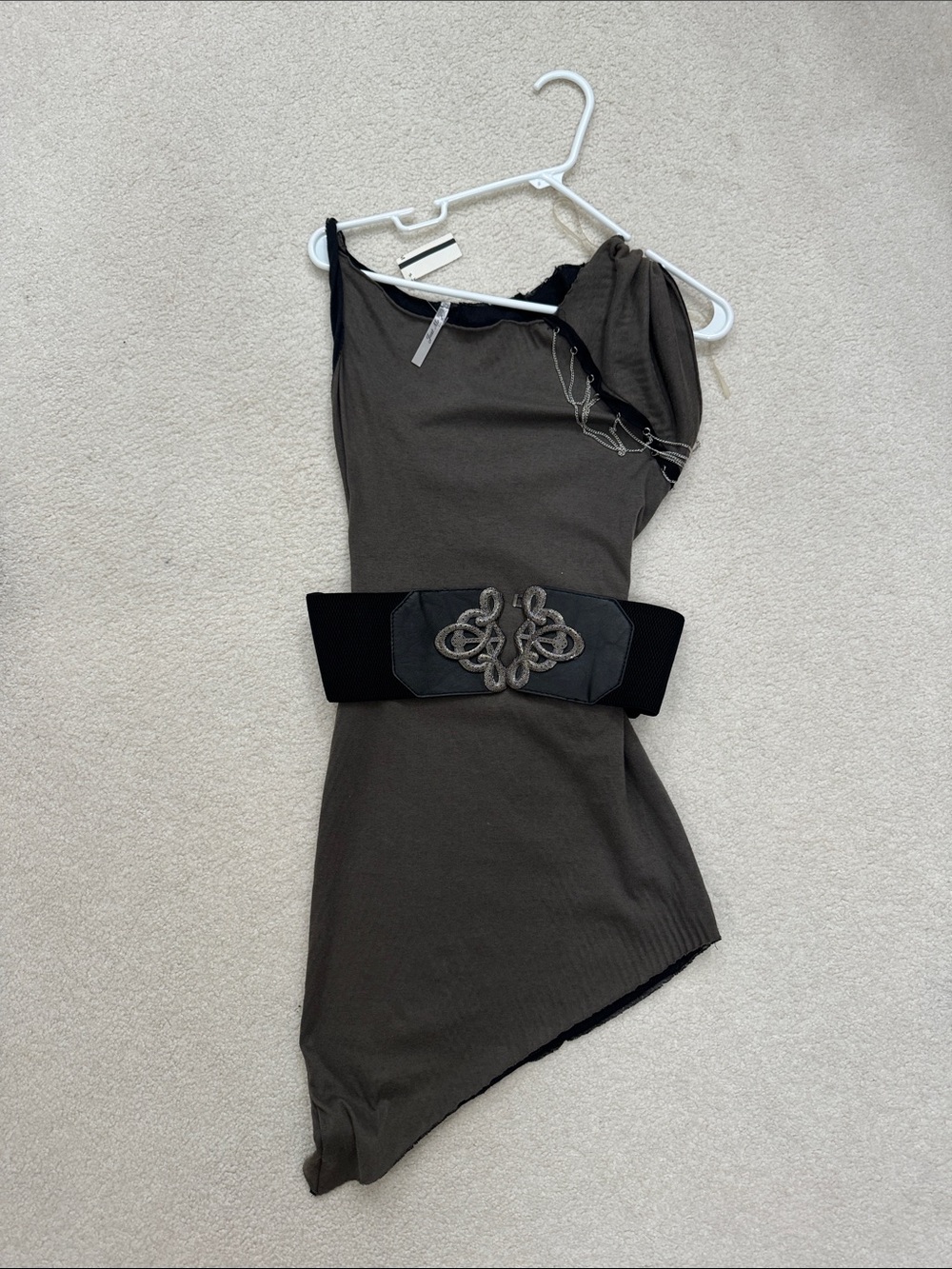 Asymmetrical Olive Green Sleeveless Dress with Decorative Belt